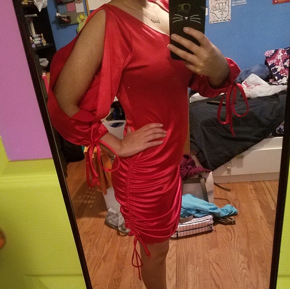 Vintage K TOO Plunge Neck Satin Ruched 90s Long Sleeve Bodycon Dress - Picture 8 of 8